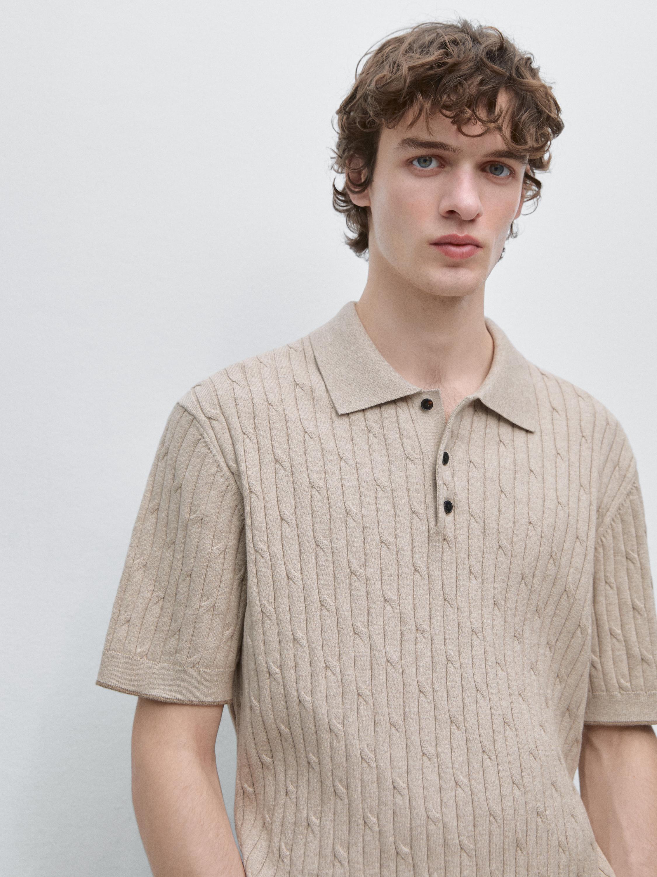 Cotton blend cable-knit polo sweater